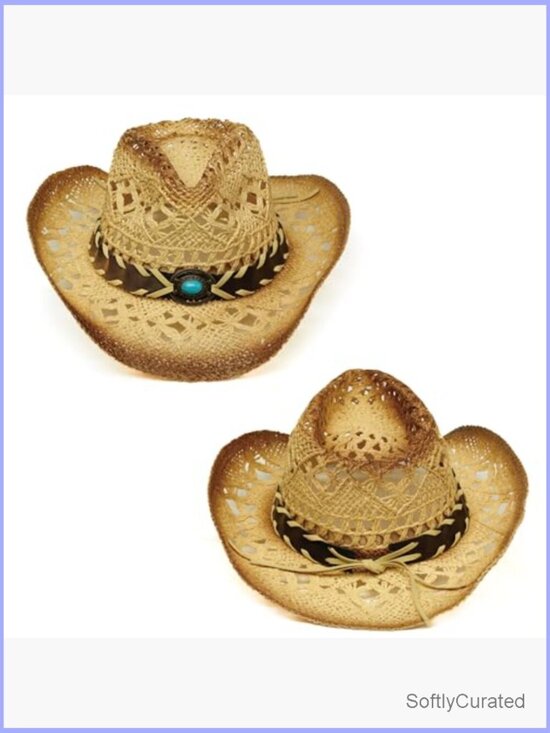Unisex Wide Brim Raffia Cowboy Hat with Decorative Band